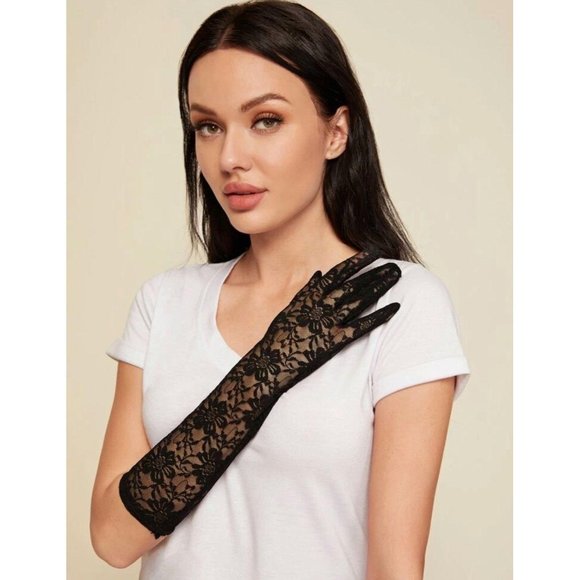 BLACK LACE Floral Opera Gloves NEW - Picture 2 of 3